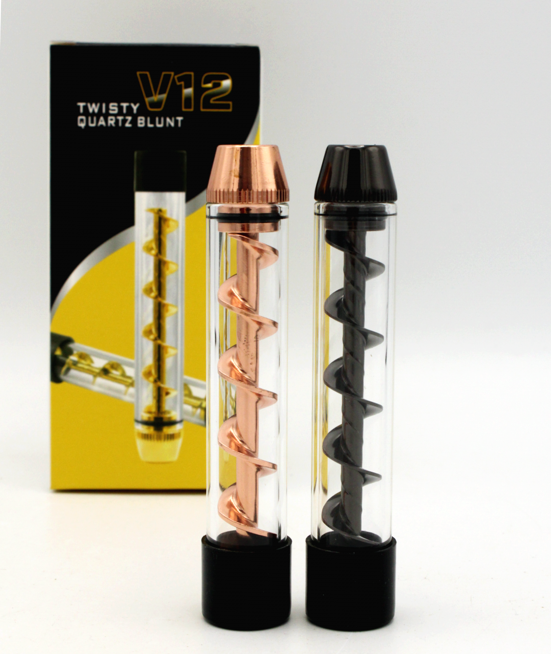 front view of the Twisty V12 Quartz blunt. A novel option for those wanting no mess and the purity of smoking from glass.
