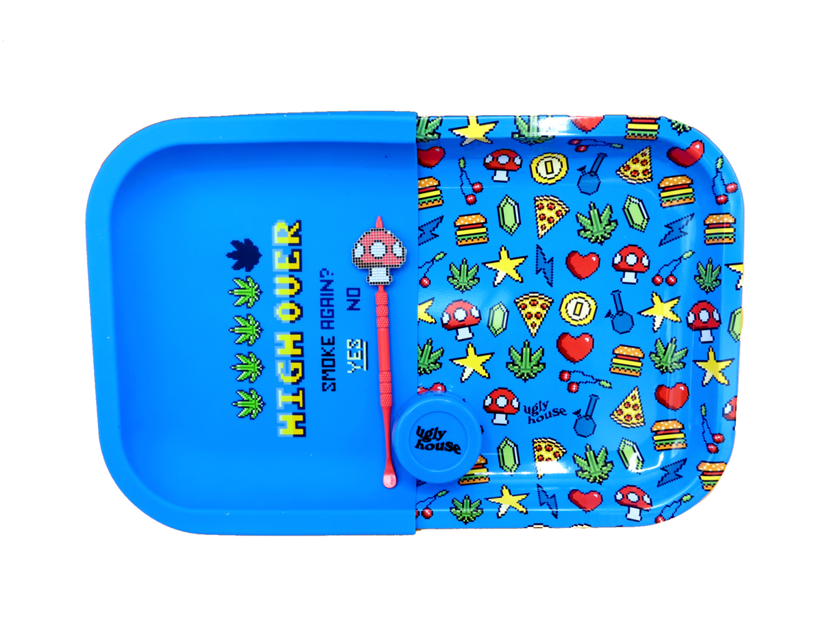 front view of the high over 16 bit design 4 piece dab kit. this blue colored kit is for those who need the dabbing essentials.