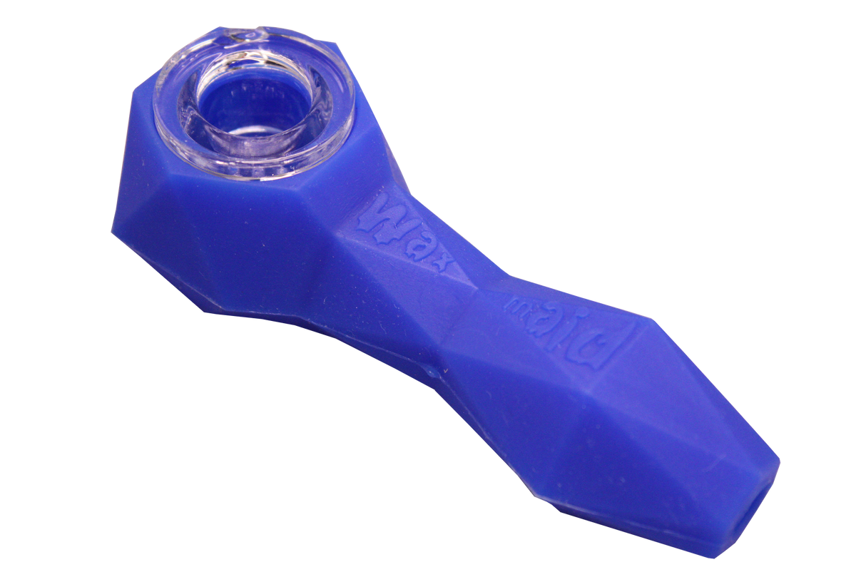 front view of the Waxmaid 4" Daimon hand pipe in blue, made of premium silicone and textured with diamond pattern for extra grip to prevent slipping.