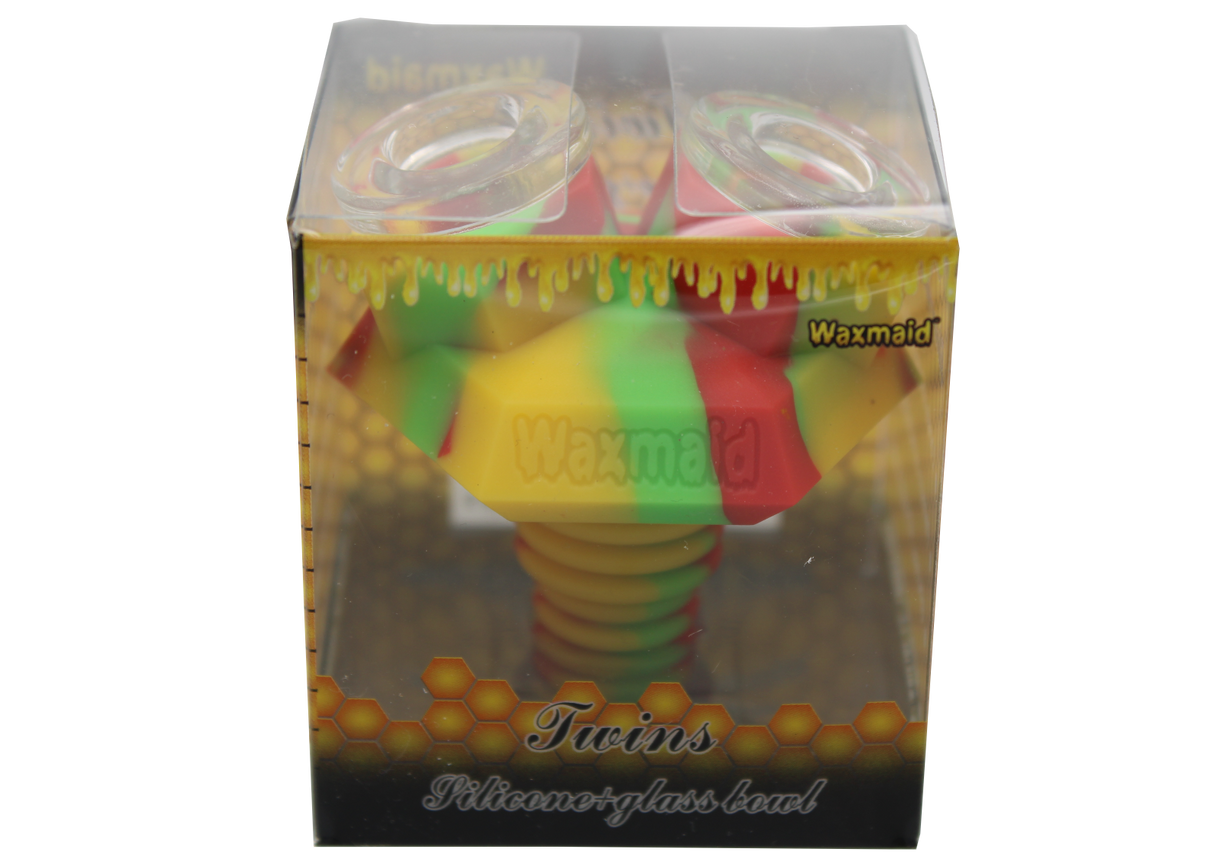 front view of the Waxmaid twins silicone bowl in rasta colors. Made for long sessions with more herb.made from borosilicate glass and heat resistant silicone.