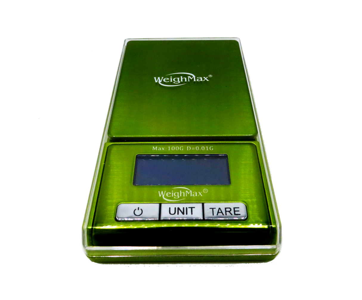 full view of the Weightmax bling scale in green. A scale for weight your smoking essentials.
