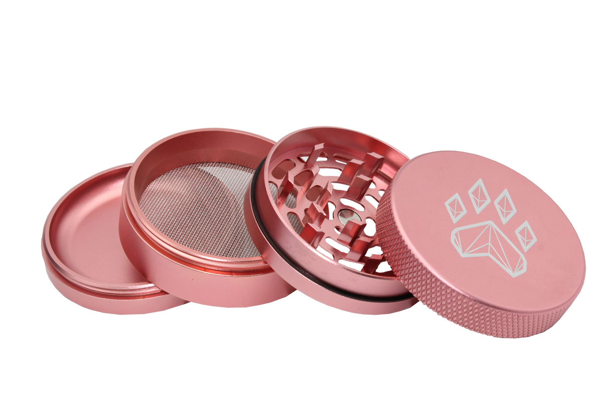 exploded view of the wolf grinders 2.5" 4 piece metal grinder. made of durable aluminum construction and anodized pink finish for a premium feel.