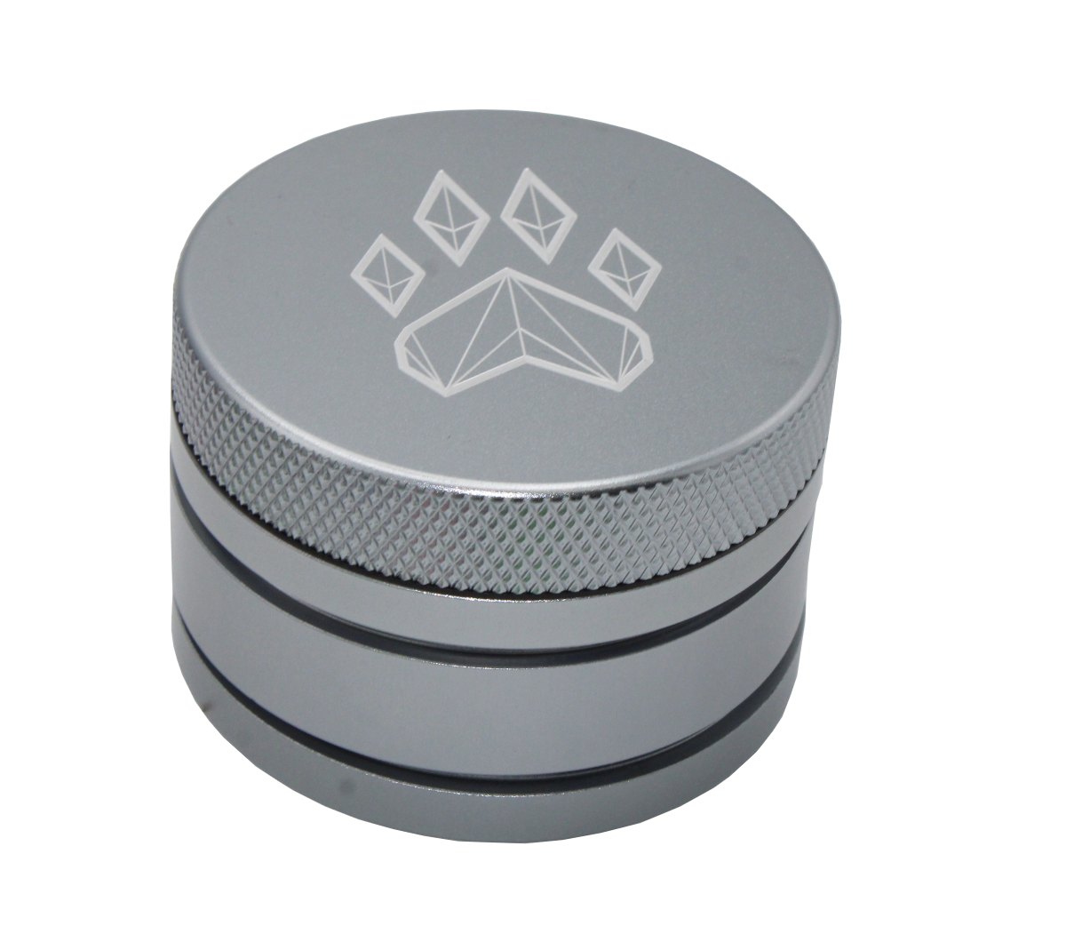 side view of the wolf grinders 2.5" 4 piece metal grinder. made of durable aluminum construction and anodized silver finish for a premium feel.