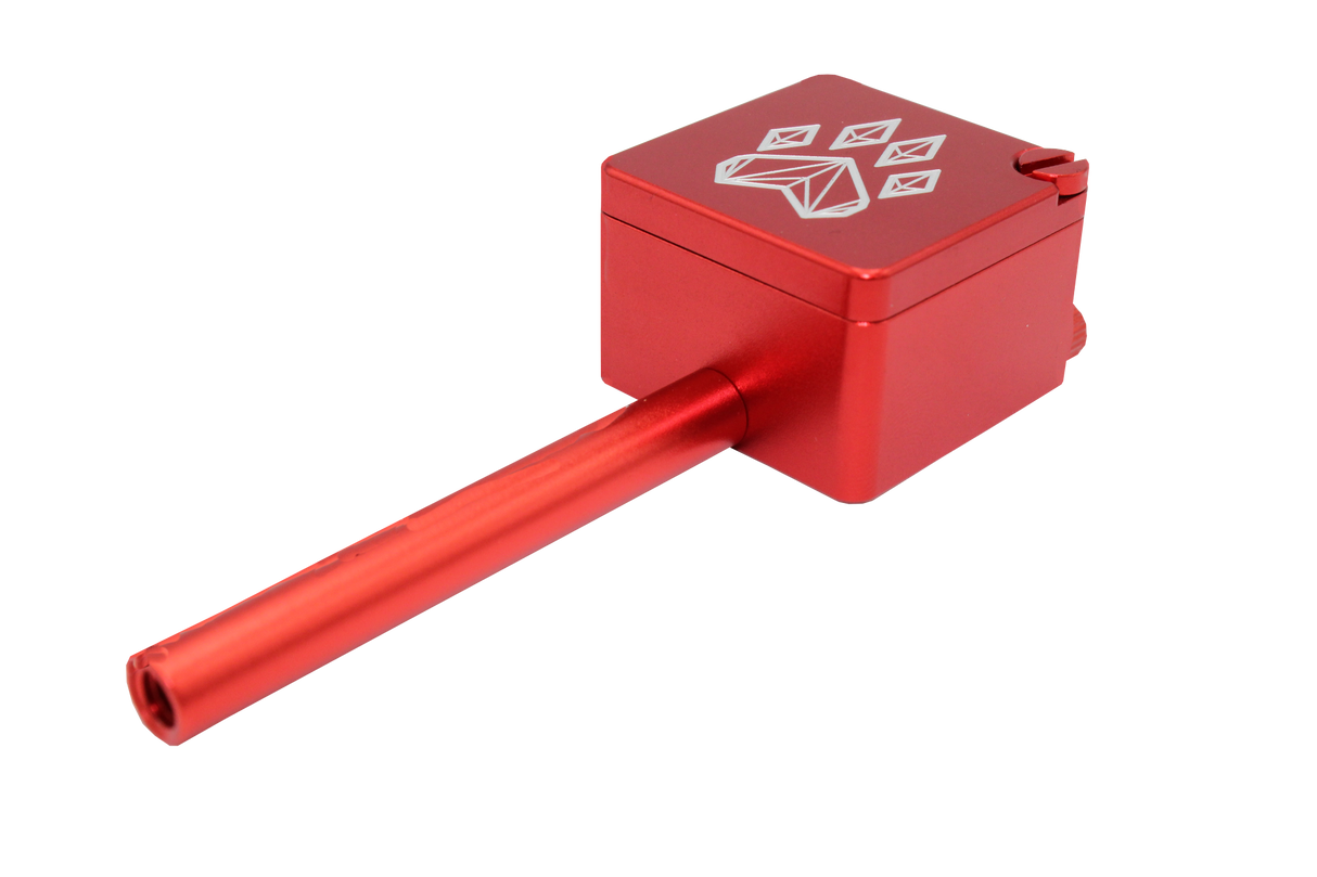 side view of the wolf grinders cannon hand pipe, made of machines aluminum with a swivel cover to carry flower ready. A red anodized finish that is durable for long term use.