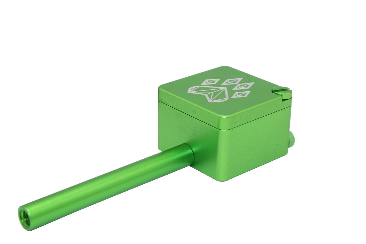 side view of the wolf grinders cannon hand pipe, made of machines aluminum with a swivel cover to carry flower ready. A green anodized finish that is durable for long term use.