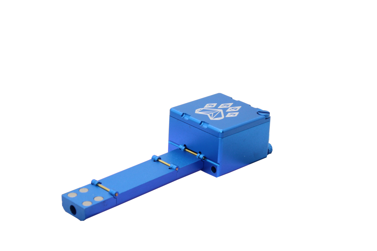 front view of the wolf grinders XL folding hand pipe. A well made compact pipe that hold a larger amount of flower for a longer smoke. it is created with a blue finish