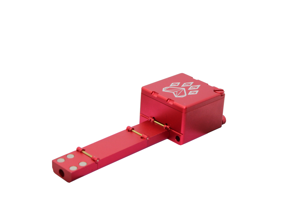 front view of the wolf grinders XL folding hand pipe. A well made compact pipe that hold a larger amount of flower for a longer smoke. it is created with a red finish