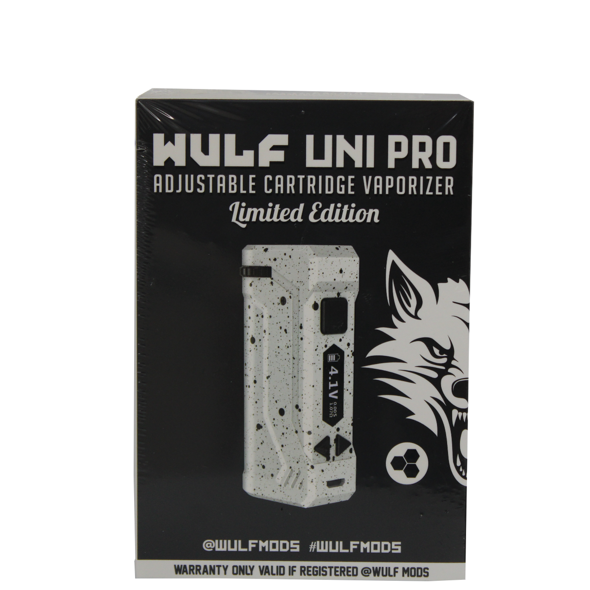front view of the Wulf Uni pro. an improvement on the popular uni with digital screen and new limited edition white black splatter color