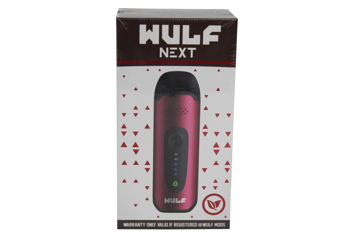 front view of the wulf next dry herb vaporizer. a portable and strong herb vaporizer for on the go smoking in a metallic red