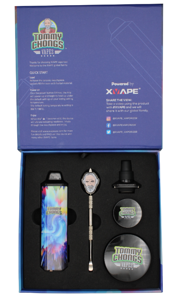 top view of the Xvape Tommy Chong Aria kit. A collaboration with a full encompassing kit for a wide range of concentrates.