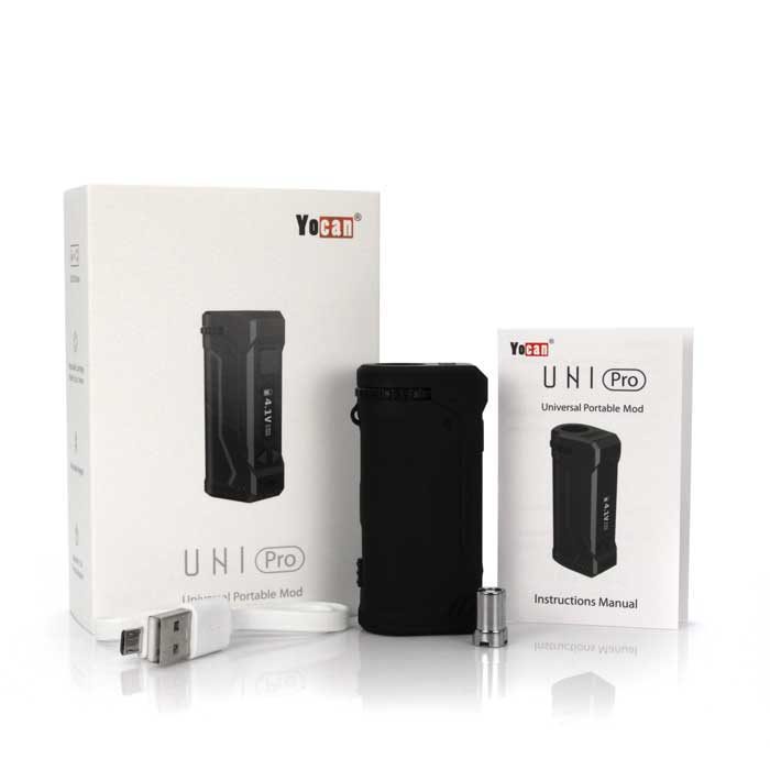 A front view of the Yocan Uni Pro in black and all the items that are inside the box.