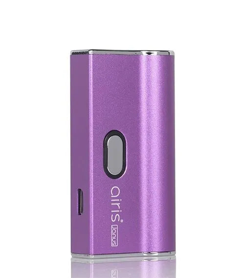 Front view of the Airis Janus 2-in-1 battery showcasing a vibrant anodized Purple finish. The double-sided layout enables seamless switching between juice pods and concentrate carts.