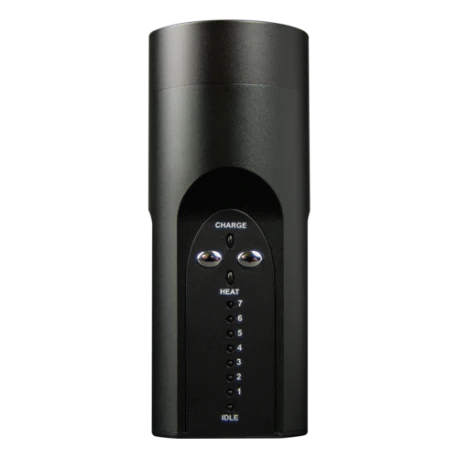 Front view of the Arizer Solo dry herb vaporizer in Carbon Black featuring its clean LED temperature indicator panel and button interface. This premium portable vape utilizes an advanced ceramic heating element to cleanly bake raw botanicals.