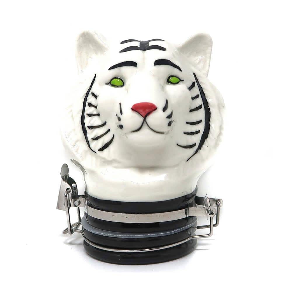Front view of the Contained Art 250ml ceramic white tiger jar in white with vibrant printed artwork. This premium airtight container perfectly preserves the freshness of larger batches of dry herbs while completely blocking out harmful UV light.