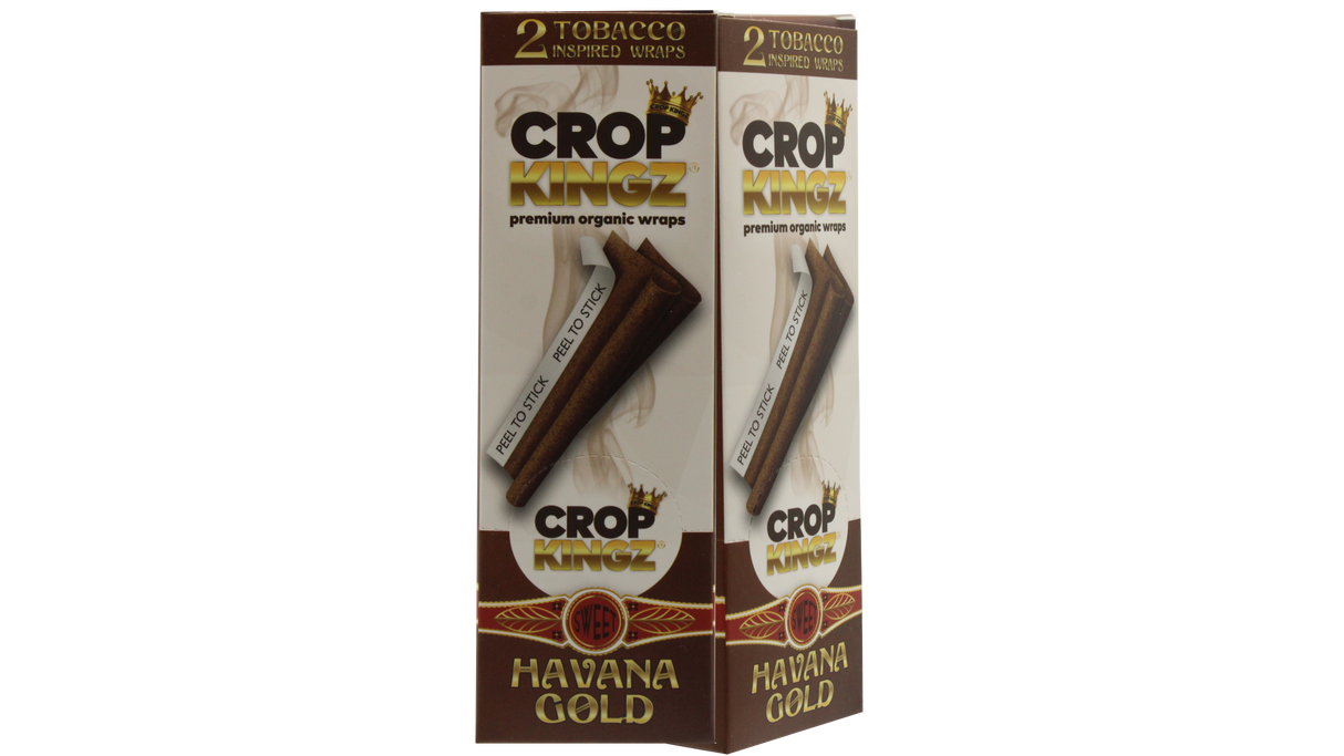 Front angled view of the Crop Kingz Tobacco Inspired Wraps 15-count display box in white and brown packaging. Made from 100% organic hemp, these tobacco-free wraps mimic the rich flavors of traditional blunts and feature an innovative self-sealing strip.