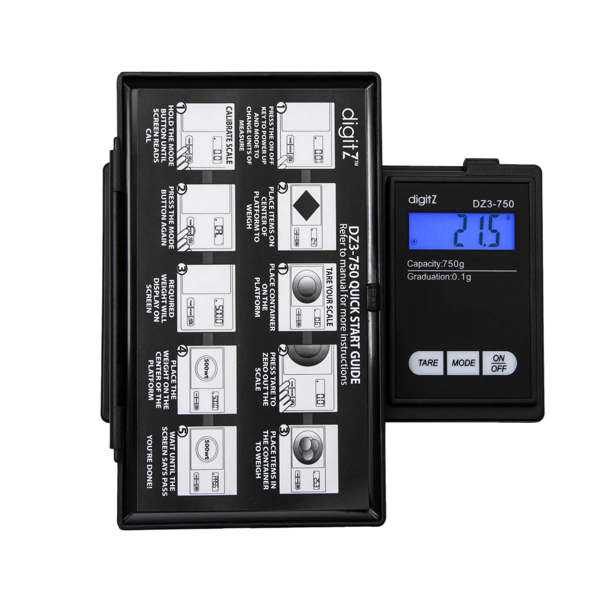 Front angled view of the DigiTz DZ3-750 measurement scale in black with its protective hard cover open. The sturdy lid safeguards the delicate weighing sensor during travel and can function as a makeshift tray for loose materials.