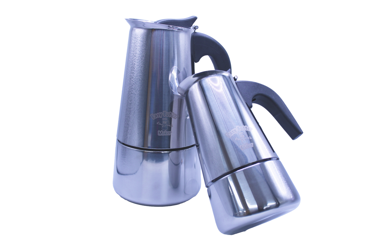 Angled front view of the Easy Butter Maker stovetop infuser kettle featuring a silver stainless steel body and a black insulated handle. Its heavy-duty metal construction easily withstands direct stovetop heat for quick, hassle-free extractions.