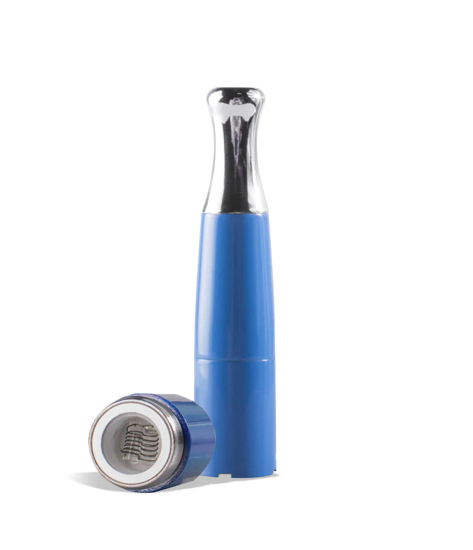 Front angled view of the Exxus Dual Coil Quartz Skillet attachments in blue. This complete 510-threaded tank attachment connects directly to your vaporizer battery to efficiently heat and vaporize thick wax concentrates.