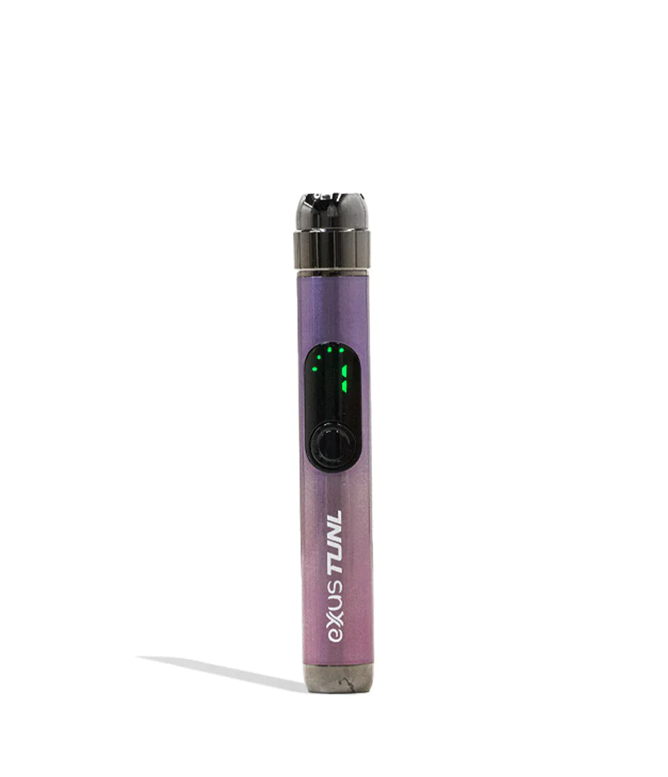 Front view of the Exxus Vape Tunl cartridge vaporizer battery in a metallic purple. This highly compact, 510-thread battery features a unique recessed design to keep your standard oil cartridges concealed and protected while on the go.