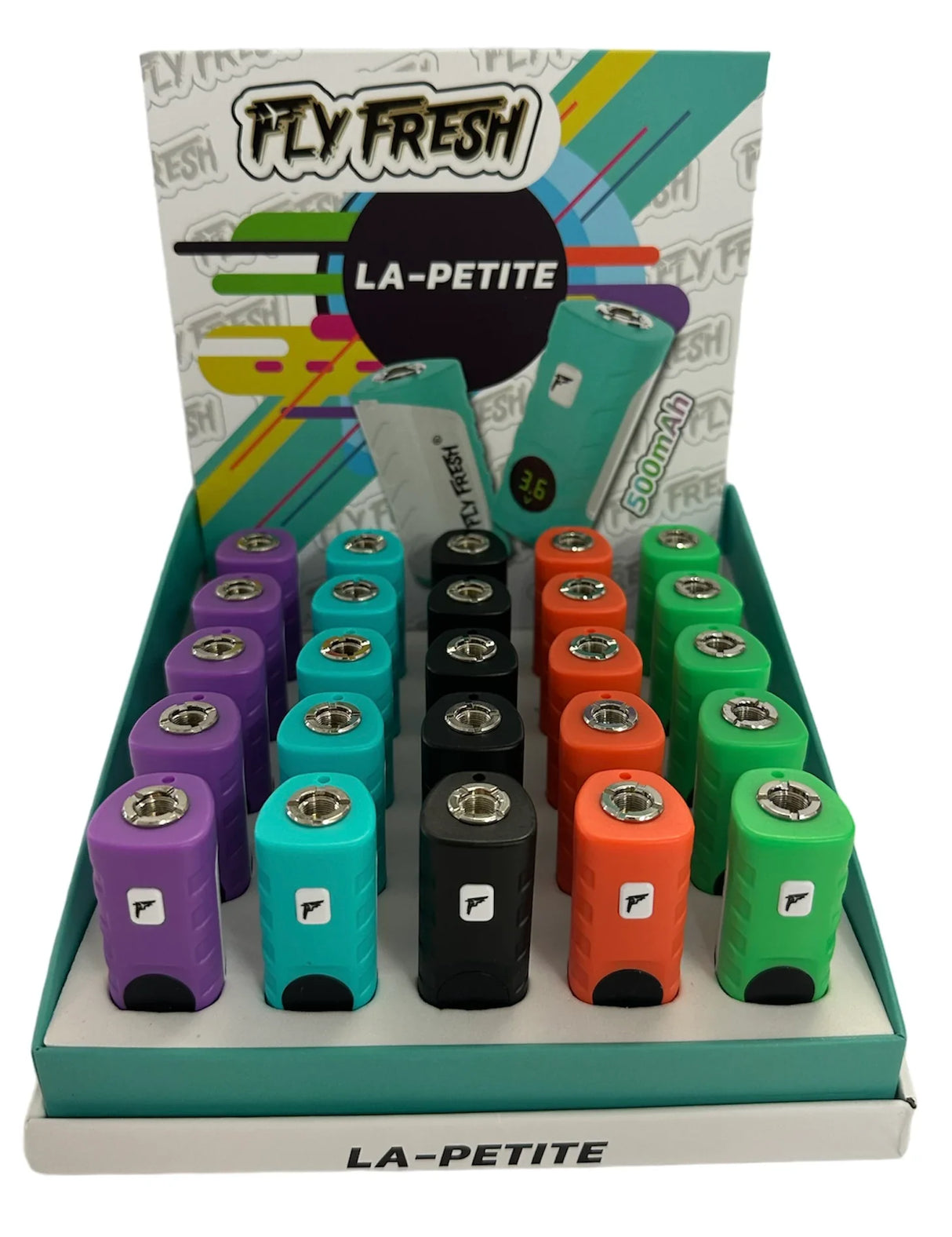 Front view of the Fly Fresh La Petite vaporizer display box. This ultra-compact, travel-friendly concentrate device is designed to provide highly discreet, pocket-sized power for your essential daily sessions.