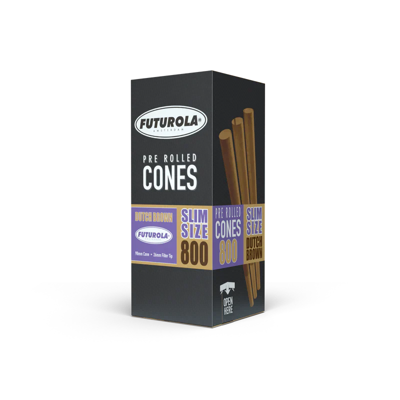 Front view of the Futurola Slim Size 98mm cones 800-count bulk storage box in Classic White. Handcrafted with organic Arabic gum, these premium slim pre-rolled cones are engineered to ensure an even, slow-burning experience.