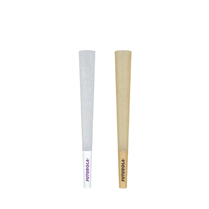 Close-up side profile view of a single Futurola 98mm slim pre-rolled cone highlighting the integrated 26mm filter tip. The sturdy paper crutch blocks loose botanical debris while maintaining optimal airflow and structural support.