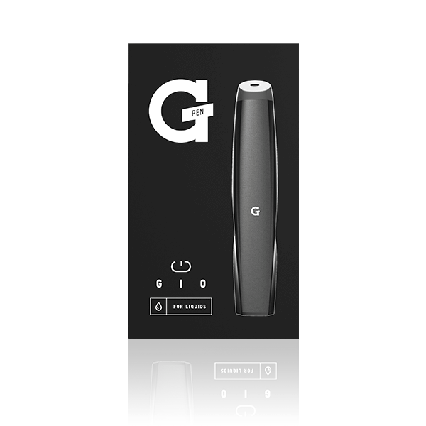 Front view of the G Pen Gio battery in black displayed next to its branded white retail packaging. This discrete extract vaporizer kit includes the 180mAh battery and a USB charging cable for instant out-of-the-box convenience.