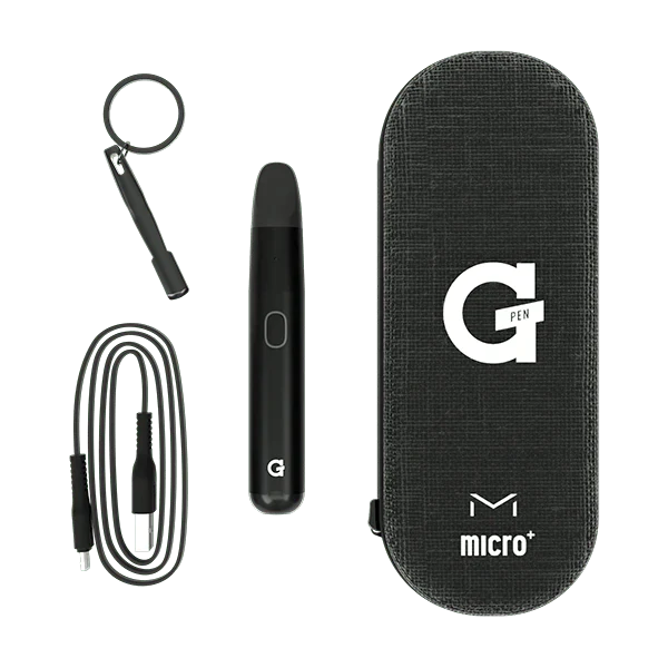 Front view of the G Pen Micro+ concentrate vaporizer in sleek black. This portable, dual-use dab pen features smart-chip technology and a quartz-lined ceramic heating chamber for superior flavor on the go.