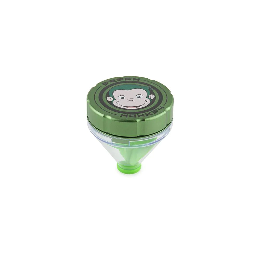 Front profile view of the Green Monkey Patas 50mm funnel grinder in sleek matte green. This innovative metal herb grinder features a built-in dispensing funnel for completely mess-free loading of your cones and glass bowls.