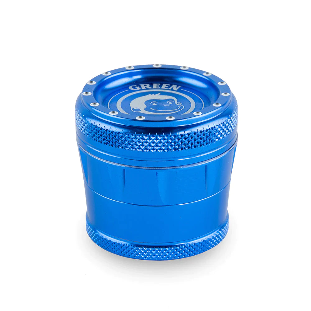 Front profile view of the Green Monkey Tamarin 50mm grinder in metallic blue. This premium 4-piece aluminum herb grinder features a strong magnetic lid for secure, effortless shredding of your favorite dry herbs.