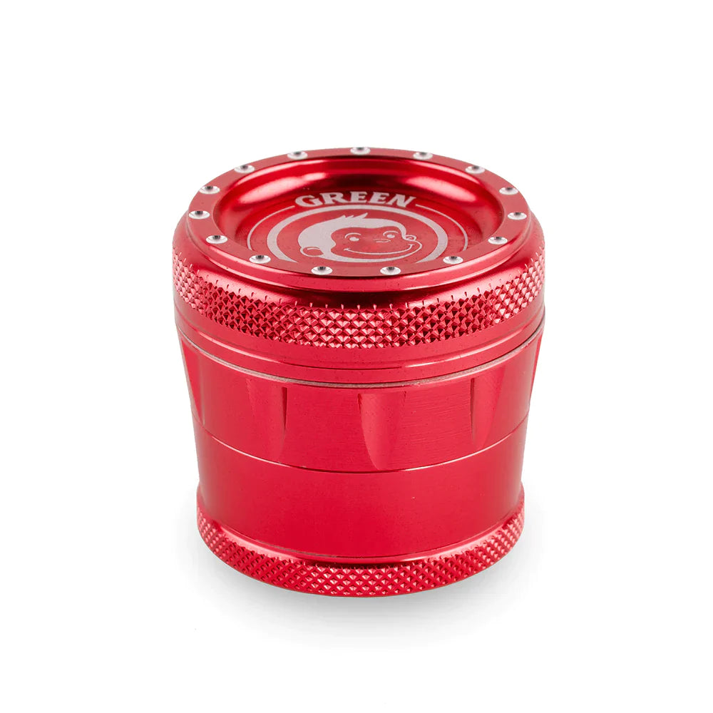 Front profile view of the Green Monkey Tamarin 50mm grinder in metallic red. This premium 4-piece aluminum herb grinder features a strong magnetic lid for secure, effortless shredding of your favorite dry herbs.