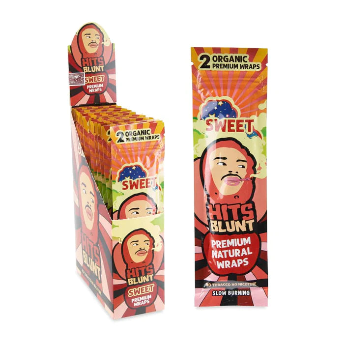 Angled front view of the Hits Blunt Premium Hemp Wraps in an assortment of vibrantly colored 25-count display boxes. Made from high-quality hemp, these 100% tobacco-free and nicotine-free wraps provide a pure, slow, and even burn.
