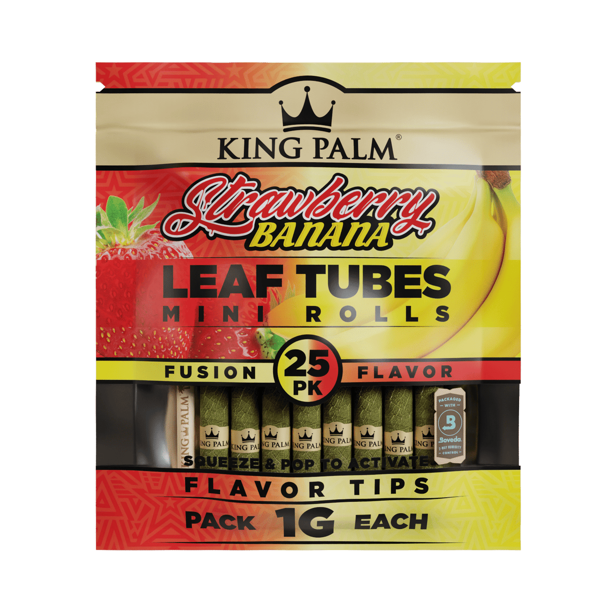 Front flat lay view of a single King Palm Cones Mini 25-pack pouch in bright red and yellow. The resealable moisture-controlled pack keeps the natural leaf cones fresh and includes a sturdy wooden bamboo packing stick.