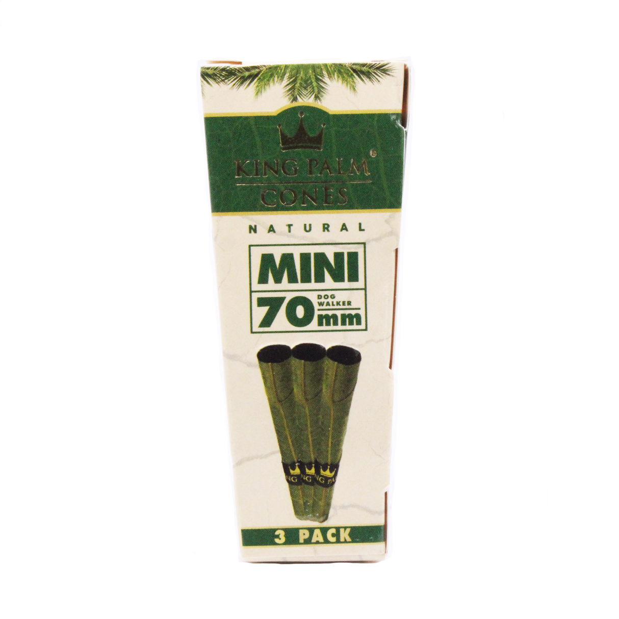Front view of a single King Palm mini pre-rolled cones foil pouch in black and gold. Every individual pack houses five ready-to-fill wraps and a dedicated moisture-control packet.