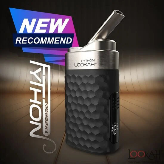 Front view of the Lookah Python wax vaporizer in black. This compact 650mAh dab pen features a serpentine textured shell and a 710 quartz dish coil for clean, flavorful concentrates.