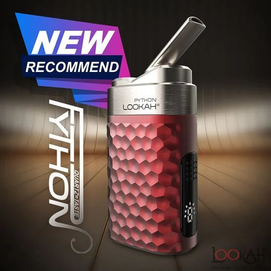 Front view of the Lookah Python wax vaporizer in red. This compact 650mAh dab pen features a serpentine textured shell and a 710 quartz dish coil for clean, flavorful concentrates.