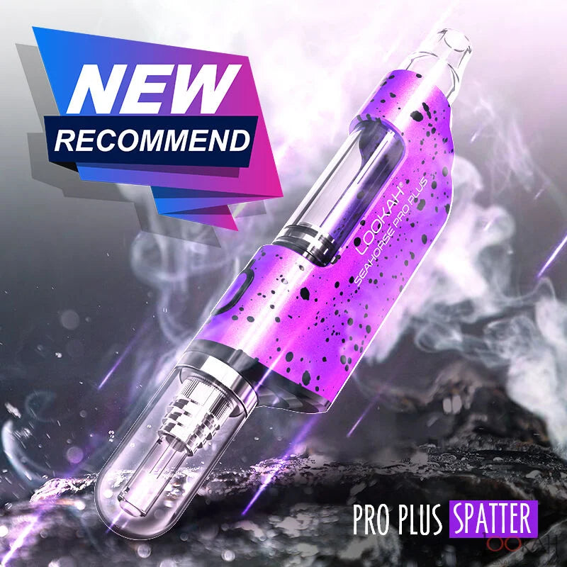 Front view of the Lookah Seahorse Pro Plus in purple black splatter. This portable electronic dab pen features a clear glass mouthpiece and porous quartz tip for vaporizing wax concentrates directly from their container.