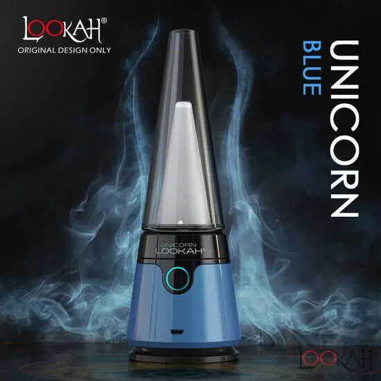 Front view of the Lookah Unicorn 2.0 electric dab rig in sleek blue. This next-generation portable e-rig features a powerful 1900mAh battery and a revolutionary magnetic connection for the ultimate, hassle-free dabbing experience.