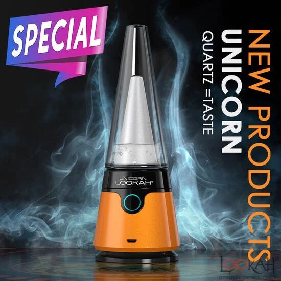Front view of the Lookah Unicorn 2.0 electric dab rig in sleek orange. This next-generation portable e-rig features a powerful 1900mAh battery and a revolutionary magnetic connection for the ultimate, hassle-free dabbing experience.