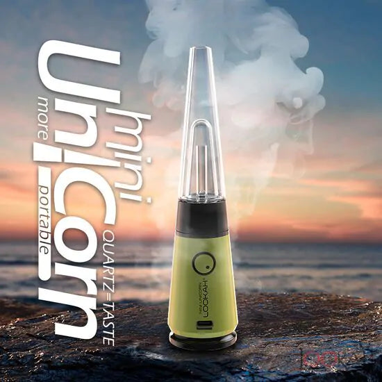 Front view of the Lookah Unicorn Mini electric dab rig in vibrant yellow. This ultra-portable, compact e-rig features a unique cone-shaped glass bubbler and a 950mAh battery for smooth concentrate sessions on the go.