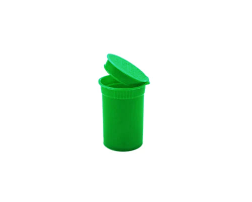 Front angled view of the Loud Lock 6 Dram Pop Top capsules in a cluster of assorted colors including green. These compact, child-resistant squeeze-top vials provide an airtight, odor-proof storage solution ideal for packaging 1 to 1.5 grams of dry herb.