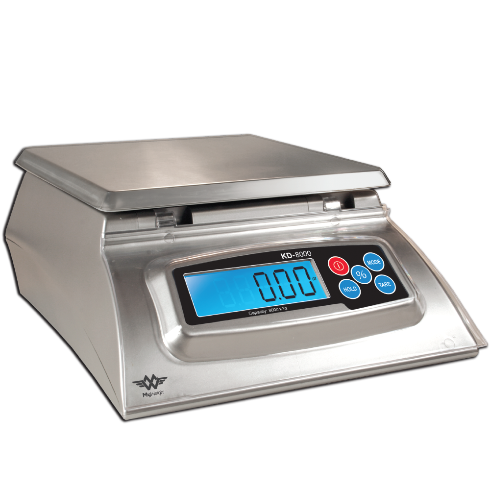 Angled overhead view of the My Weigh KD-8000 kitchen scale in silver. This high-capacity 8000g scale features baker's math percentage functions, making it perfect for baking and soap making.