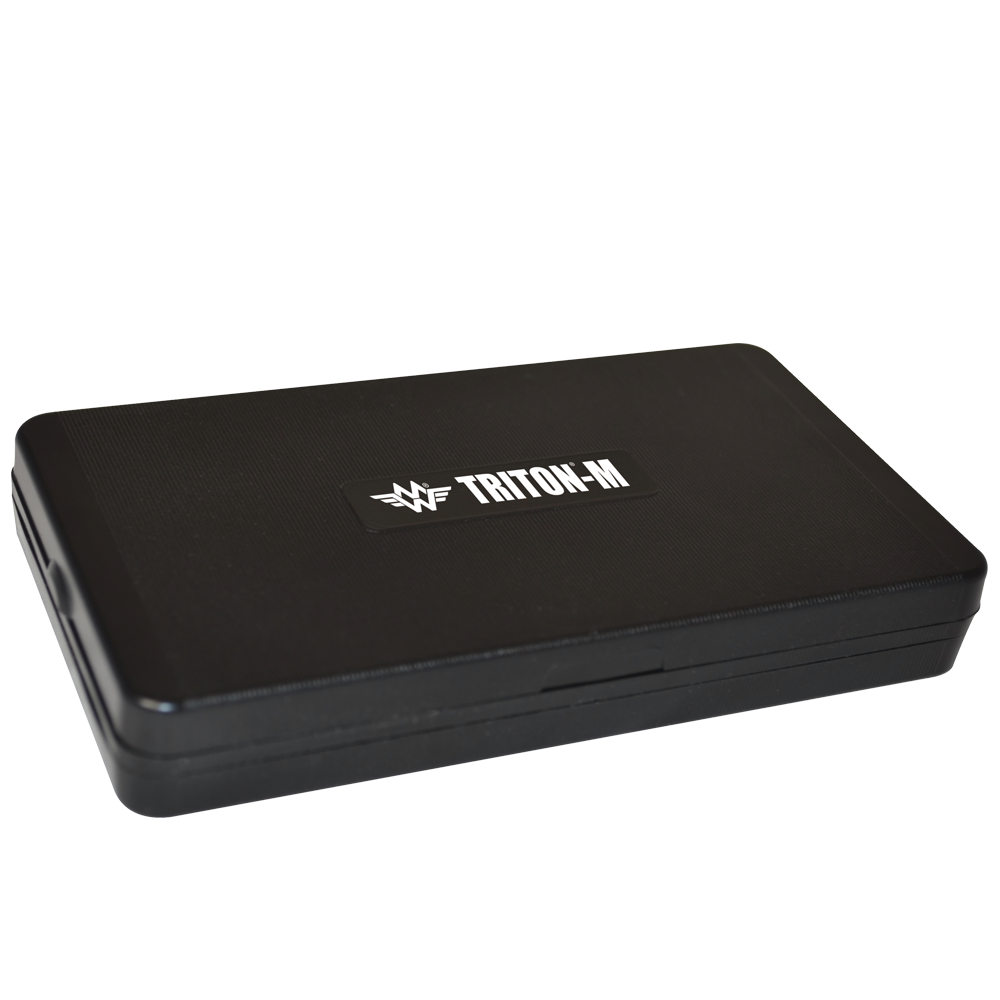 Angled overhead view of the My Weigh Triton T2 digital mini scale in black. This compact 400g x 0.01g pocket scale features a durable ribbed outer casing for precise, everyday weighing of herbs, concentrates, and small jewelry.