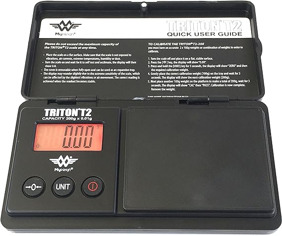 Front angled view of the MyWeigh Triton T2 digital scale in sleek black. This durable pocket scale features a 200g maximum capacity and ultra-precise 0.01g readability for accurately measuring small botanical herbs and solid concentrates.