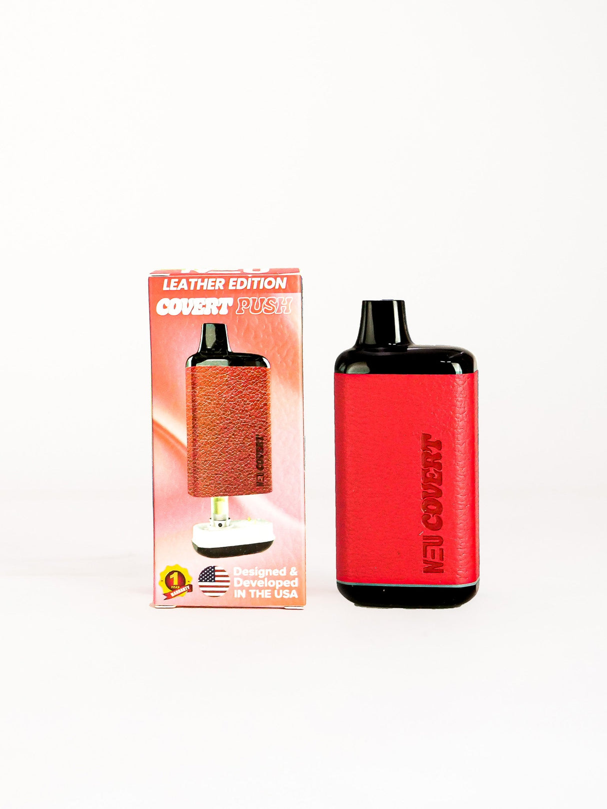 Front facing view of the NEU Push Covert Discreet Battery in matte red. This stealthy 650mAh concealed cartridge battery completely hides your 510-threaded oil tanks within its chassis for ultimate privacy on the go.