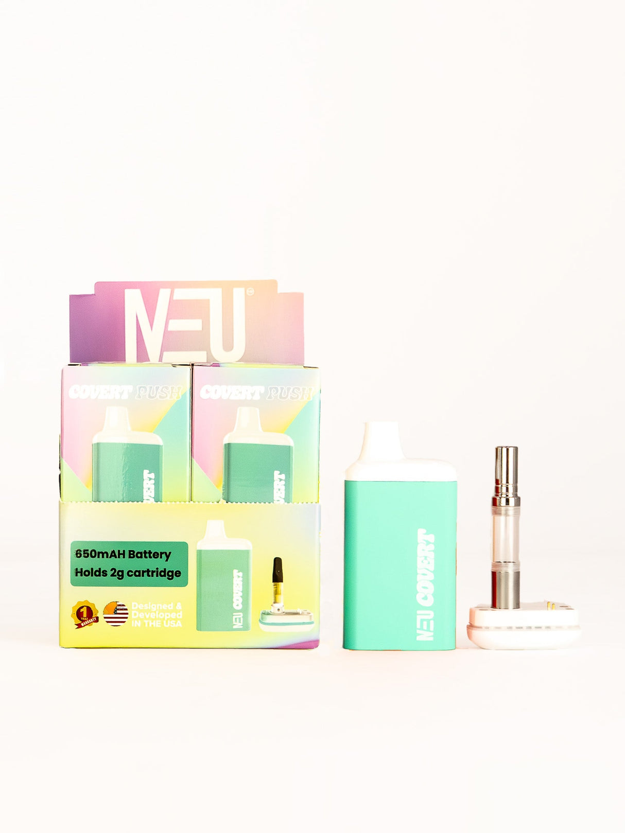 Front facing view of the NEU Push Covert Discreet Battery in matte teal. This stealthy 650mAh concealed cartridge battery completely hides your 510-threaded oil tanks within its chassis for ultimate privacy on the go.