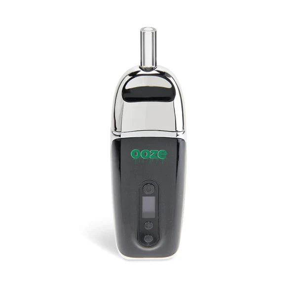 Front view of the Ooze Flare 2200mAh dry herb vaporizer in chrome. This highly portable, easy-to-use device features a powerful battery designed specifically for the clean and efficient consumption of your favorite loose leaf flower.