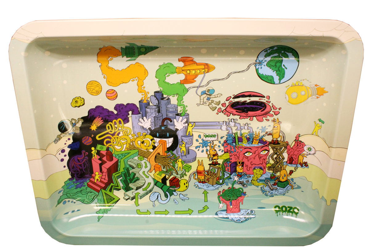 Ooze Imaginarium large metal rolling tray featuring a vibrant surreal monster city art design.