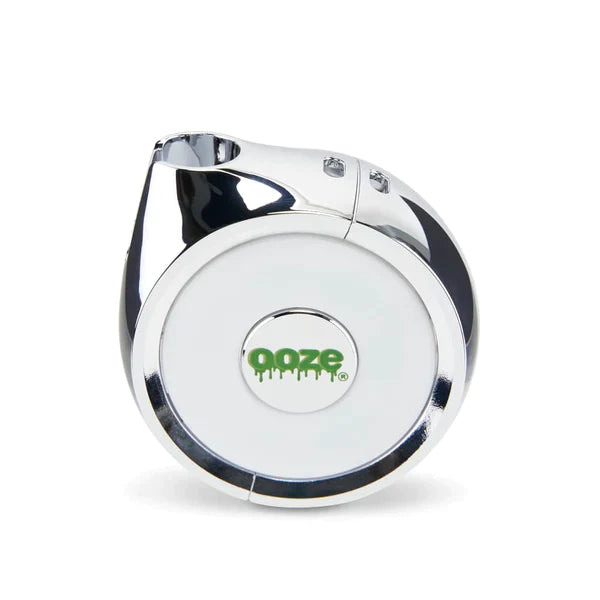Front view of the Ooze Movez wireless speaker vape battery in chrome. This innovative 2-in-1 device combines a powerful 510-thread cartridge battery with a Bluetooth speaker so you can vape and listen to your favorite music simultaneously.