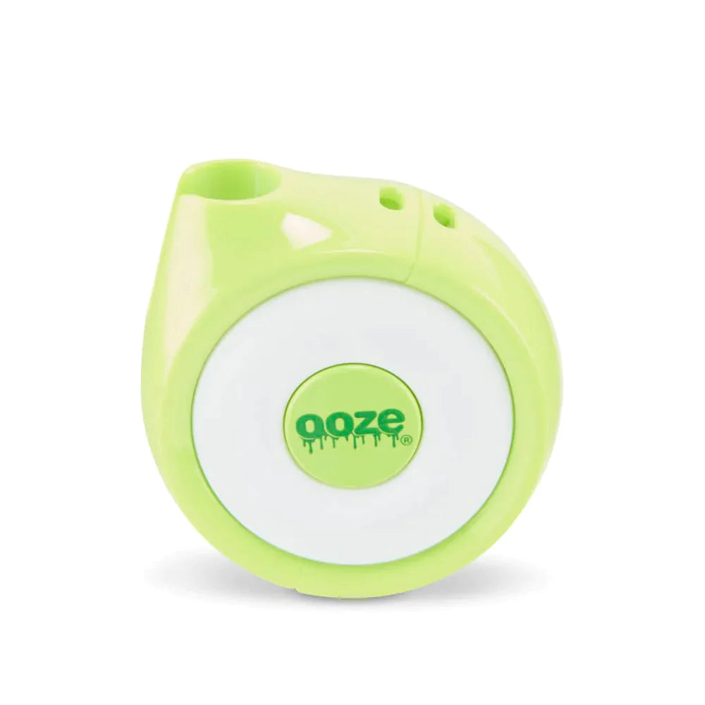 Front view of the Ooze Movez wireless speaker vape battery in solid green. This innovative 2-in-1 device combines a powerful 510-thread cartridge battery with a Bluetooth speaker so you can vape and listen to your favorite music simultaneously.